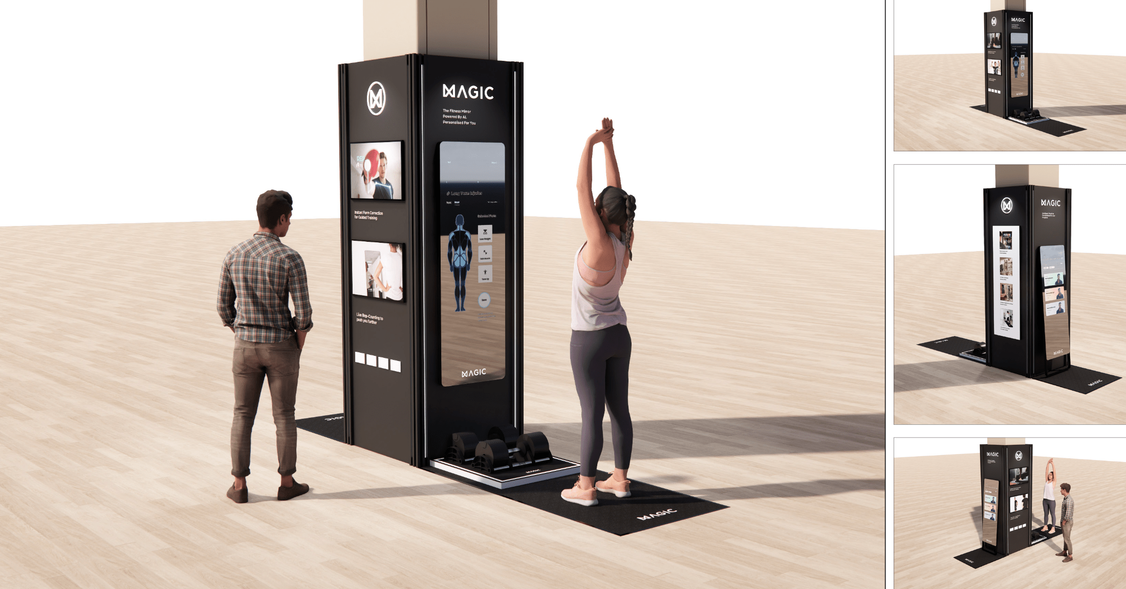 MAGIC AI Personal Trainer concept render — front view of proposed kiosk design