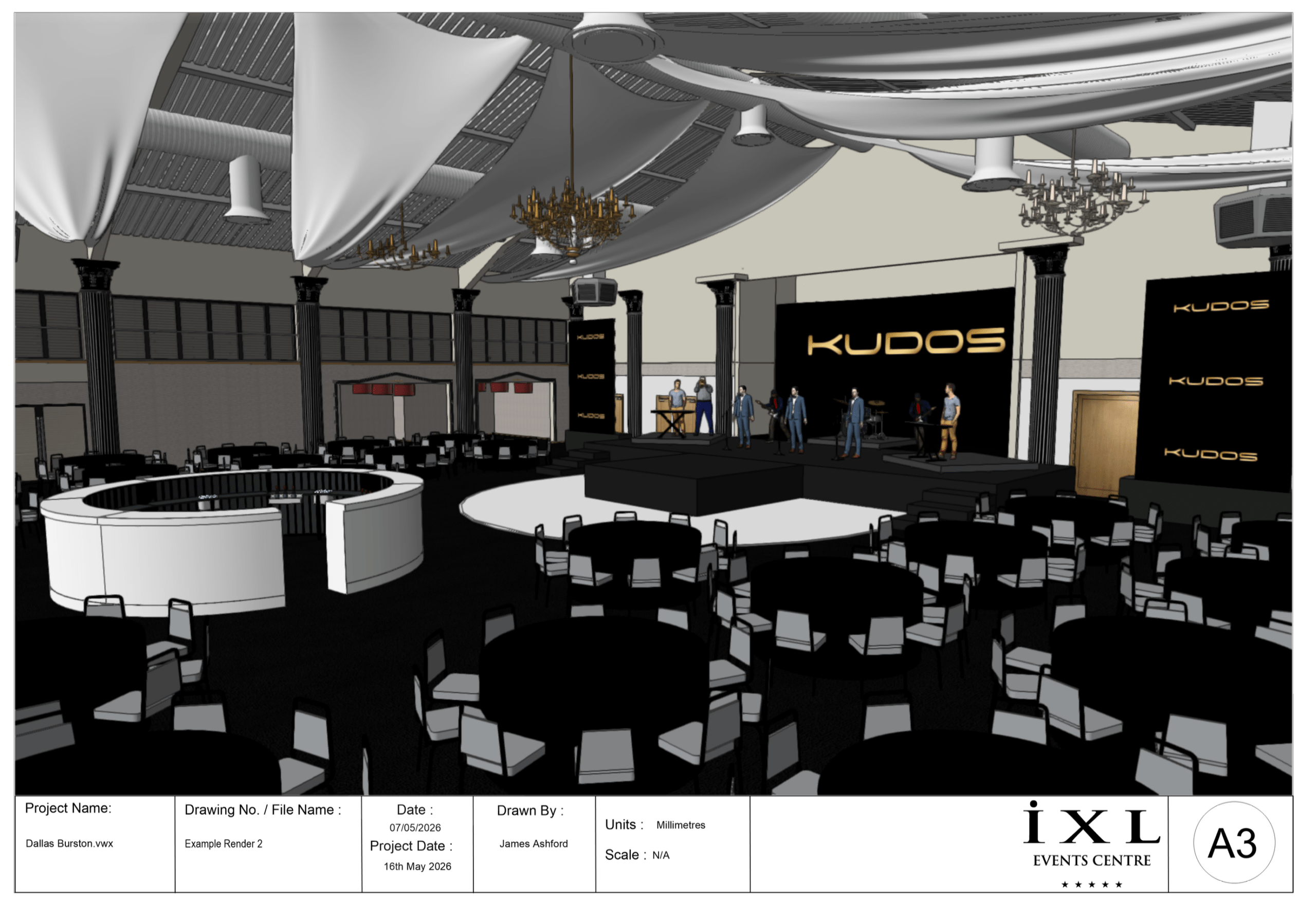 Kudos AV 3D pre-production render for The George Michael Singers Live at IXL Events Centre: stage, LED screens and room layout visualised before the event