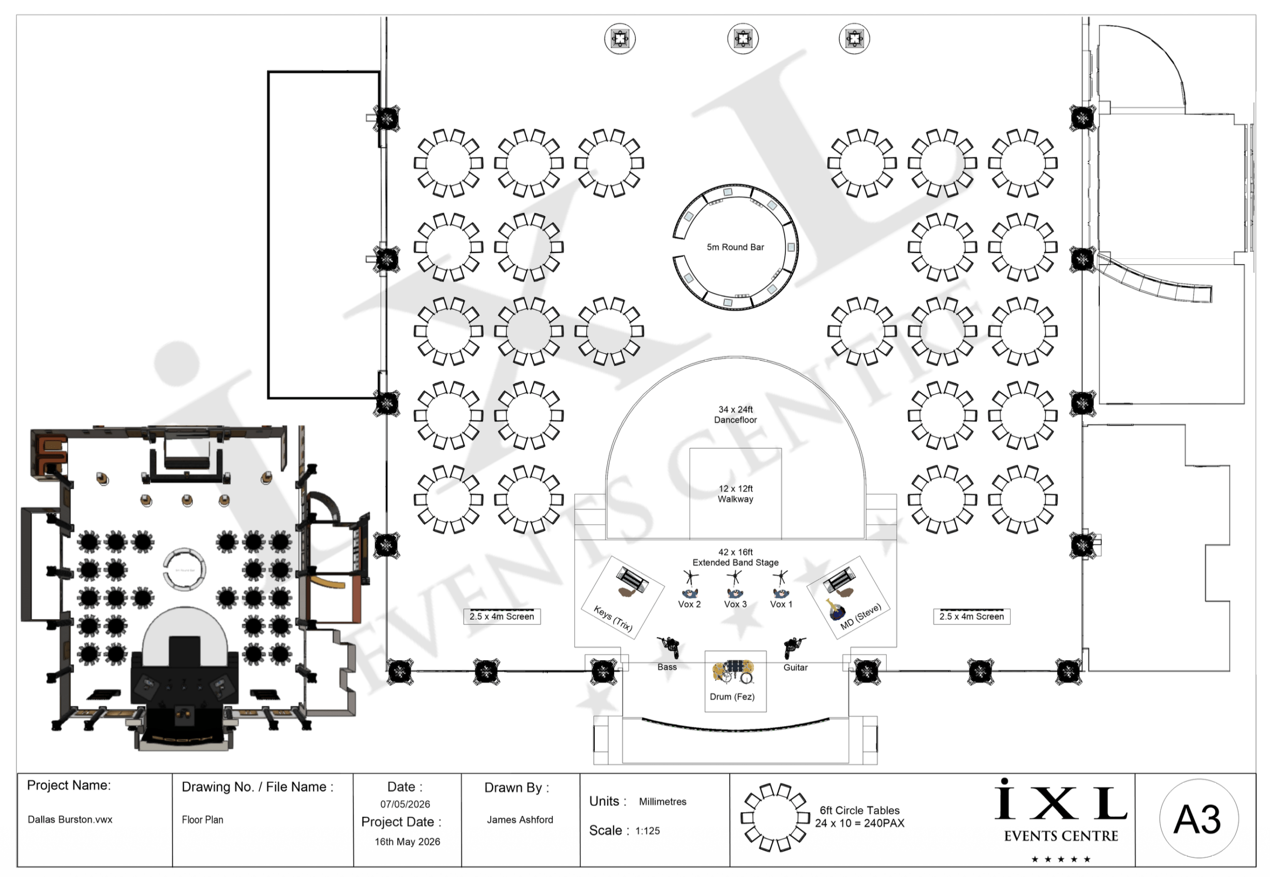 CAD floor plan for The George Michael Singers Live at IXL Events Centre showing 240-cover table layout, 42ft stage, dancefloor and circular bar, drawn by James Ashford for Kudos AV
