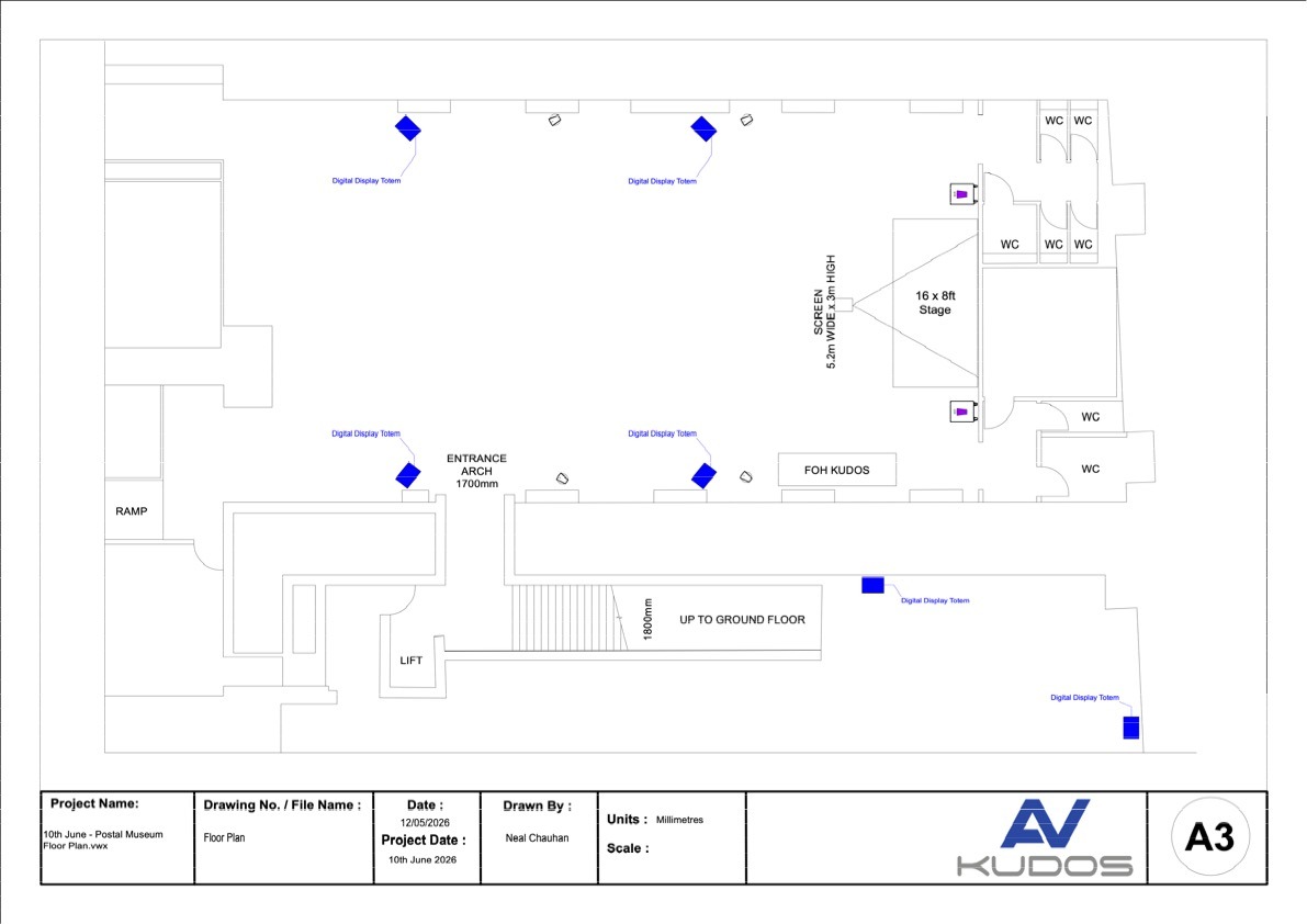 Aris Roadshow technical plan showing LED totem positions, screen size and entrance