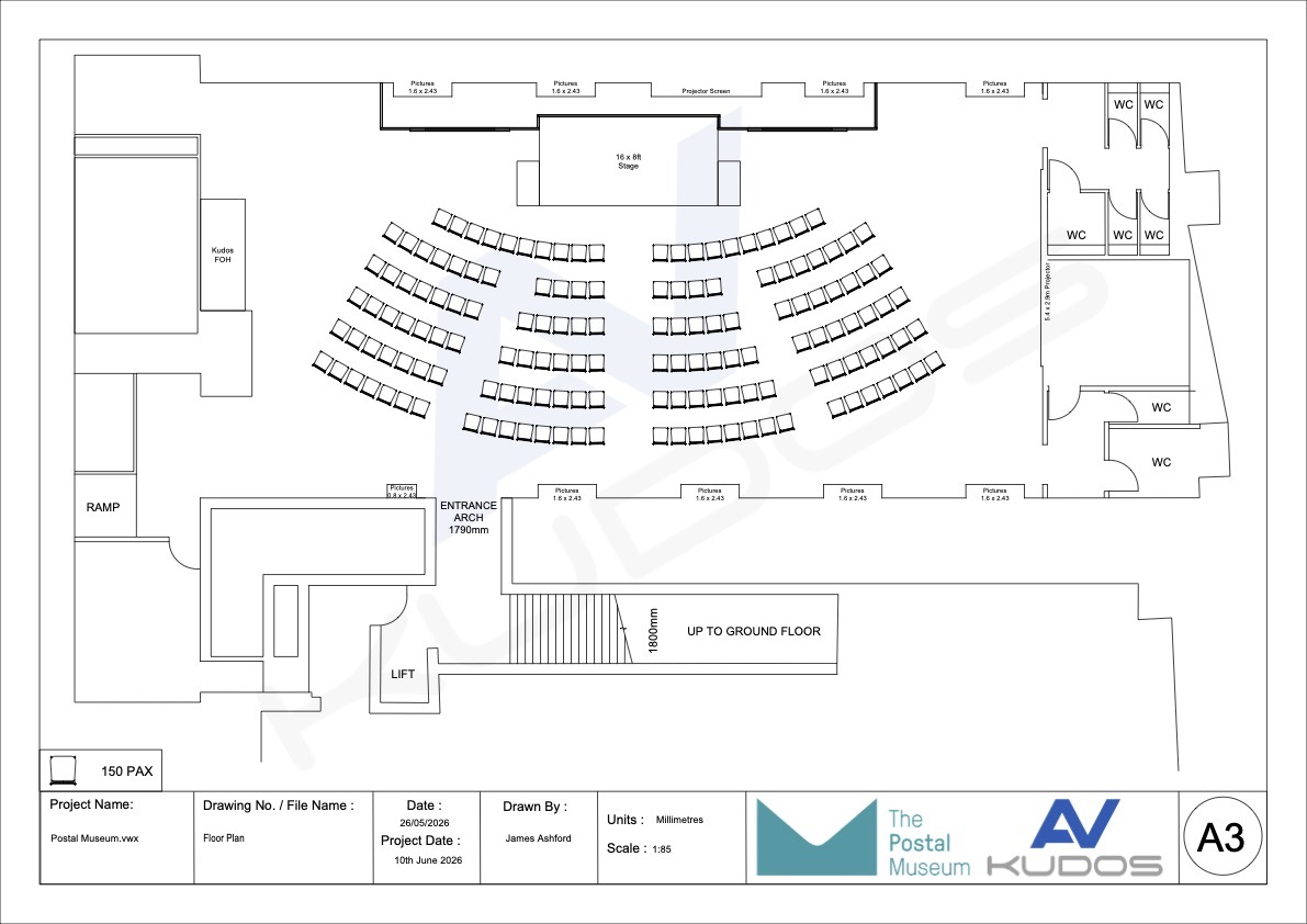 Aris Roadshow floor plan showing 150 seat layout, stage and front of house
