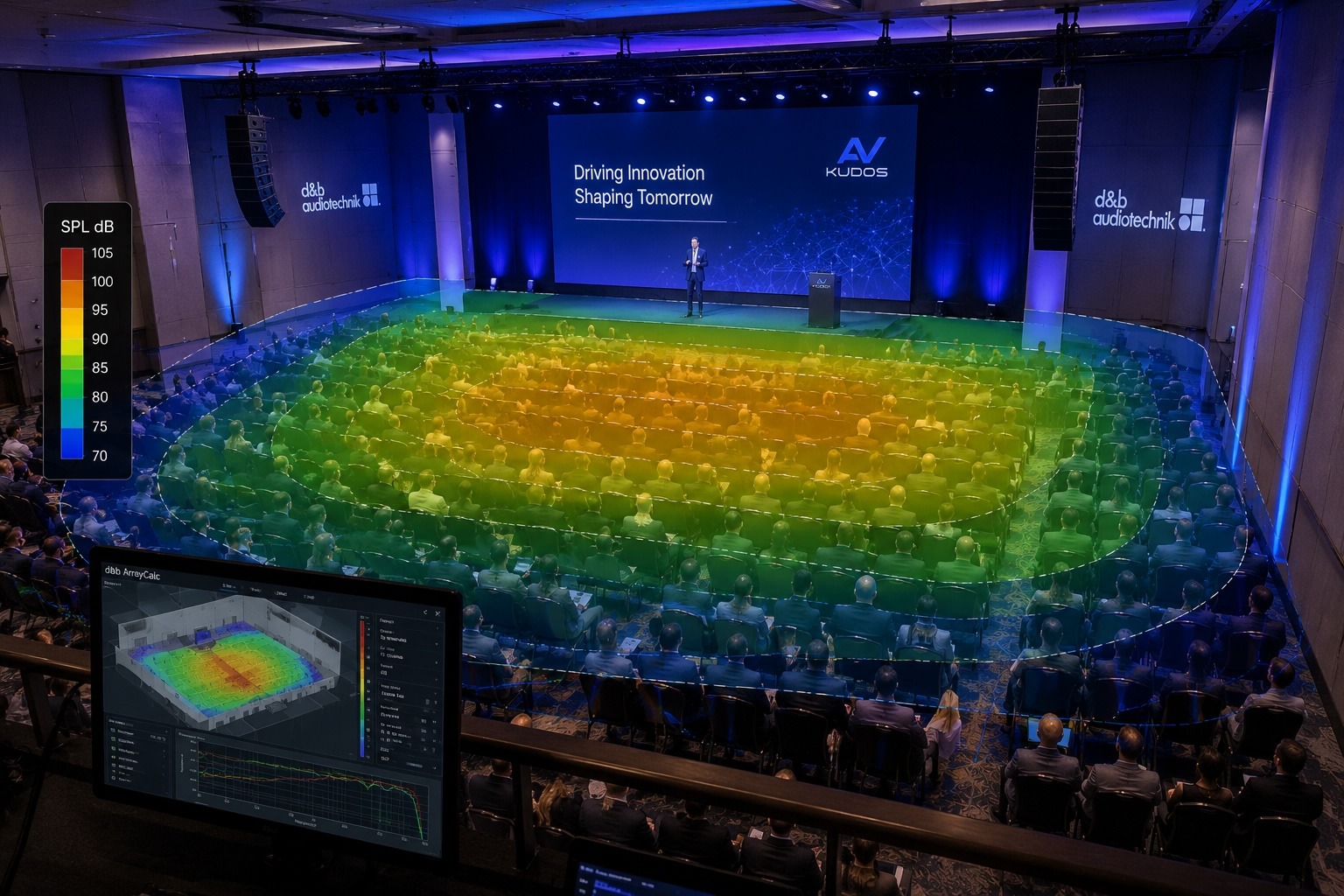 Audio levels and coverage calculated across a venue before an event