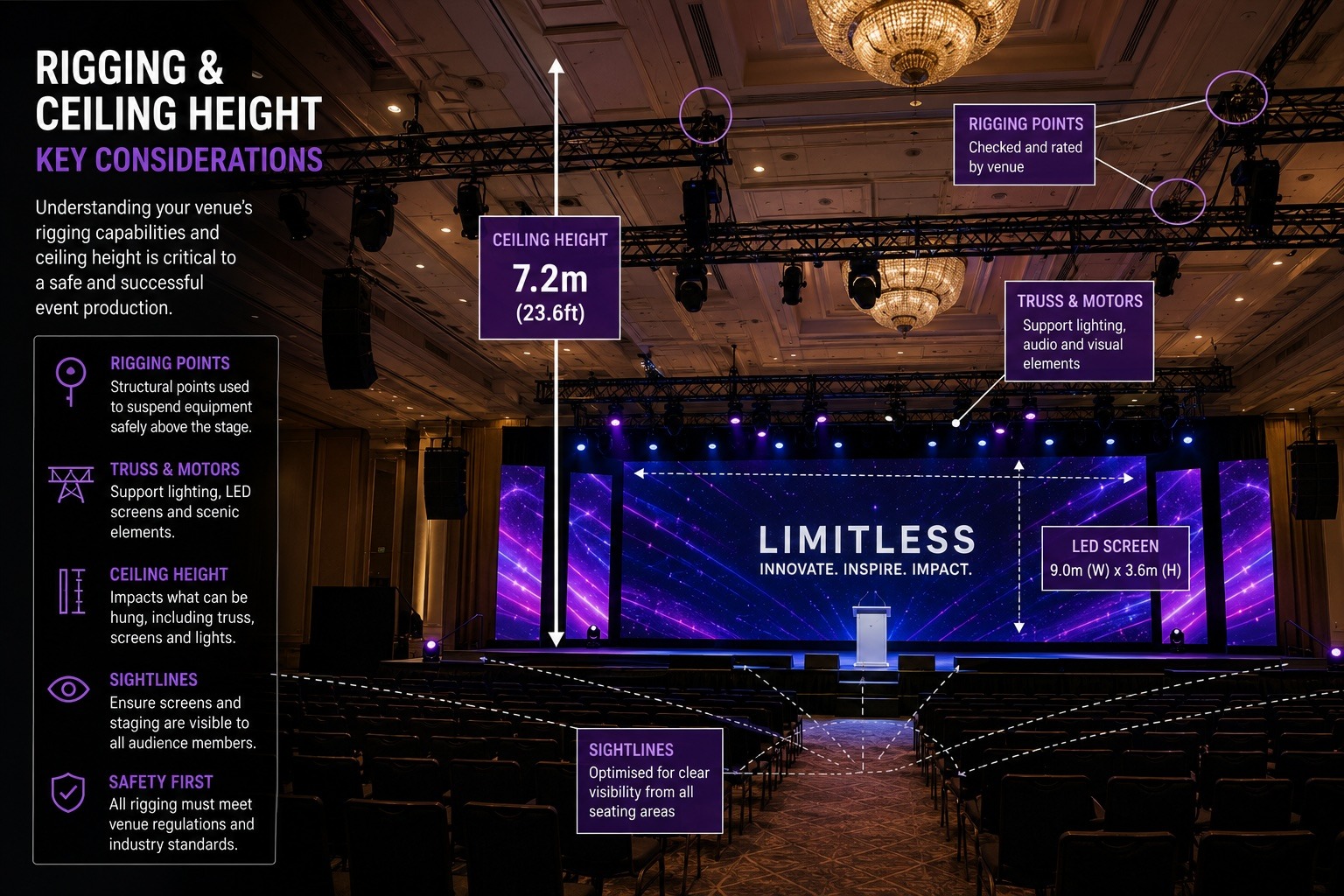 Stage designs adapted to different venue sizes and ceiling heights